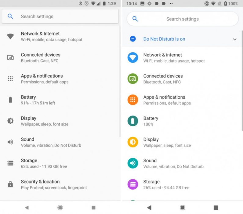 Improvements to the design of the settings menu in Android Pie Android 9 Pie